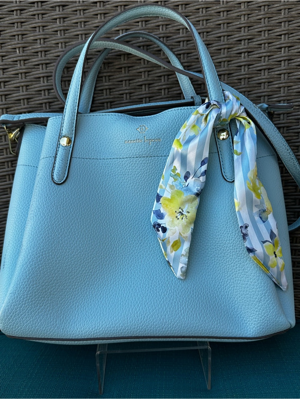 Nanette Lepore Light Blue Pebbled Leather Satchel with Floral Scarf 12X9” Pretty - Picture 2 of 16